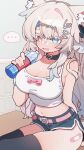  ... 1girl @_@ absurdres animal_ear_fluff animal_ears arm_behind_back ass bandaid bandaid_on_face bandaid_on_leg bandaid_on_nose bandaid_on_thigh belt black_choker black_thighhighs blue_eyes blue_shorts bottle bow breasts cat_ears cat_girl center-flap_bangs choker cleavage colored_eyelashes commentary commission crop_top cropped_shirt desk dolphin_shorts feather_hair_ornament feathers gradient_hair green_hair hair_ornament hand_up heart heart_hair_ornament heterochromia highres holding holding_bottle indoors jiumiao large_breasts long_hair midriff multicolored_hair navel on_desk original pink_belt pink_bow pink_eyes pink_hair shirt shirt_bow shorts sideboob sitting skindentation solo spoken_ellipsis sweat tan thighhighs very_long_hair water_bottle white_eyelashes white_hair white_shirt 