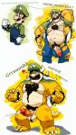 anthro ball_tuft balls barazoku becoming_erect blue_eyes blush bodily_fluids body_hair bowser bowser_day bracelet buizelwolf chest_hair clothed clothing cum cumshot dialogue dragon_koopa ejaculation english_text erection eyebrows facial_hair genital_fluids genitals gloves green_clothing green_hat green_headwear hair handwear hat headgear headwear heart_symbol hi_res human human_to_anthro humanoid_genitalia humanoid_penis jewelry koopa luigi male mammal mario_bros mostly_nude musclegut muscular muscular_male mustache nintendo onomatopoeia overalls overweight overweight_anthro overweight_male penis pubes reptile scales scalie shell simple_background solo sound_effects species_transformation spiked_bracelet spiked_shell spikes spikes_(anatomy) tail tearing_clothing text thick_eyebrows torn_clothing transformation tuft white_clothing white_gloves white_handwear