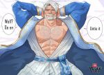  1boy abs arms_behind_head bara beard blue_robe chest_tuft commentary english_commentary facial_hair full_beard grey_eyes looking_at_viewer magneto magneto_(master_of_slumber) male_focus marvel marvel_rivals mature_male mrputt muscular muscular_male nipples old old_man on_bed open_clothes pajamas pectorals pillow robe short_hair speech_bubble white_hair white_pajamas x-men 