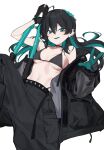  1girl absurdres baggy_pants black_bra black_choker black_coat black_gloves black_hair black_pants bra breasts choker clippers coat colored_inner_hair commentary_request ear_ornament fataaa feet_out_of_frame gloves green_eyes green_hair highres holding_pliers long_hair looking_at_viewer multicolored_gloves multicolored_hair open_clothes open_coat original pants pliers pose_request simple_background small_breasts solo tongue tongue_out two-tone_gloves underwear white_background 