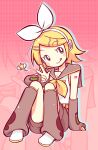  1girl bad_id bad_tumblr_id bare_shoulders black_leg_warmers black_sleeves blonde_hair blue_eyes blush_stickers bow bright_pupils detached_sleeves flipped_hair hair_bow hair_ornament hairclip headphones highres inactive_account kagamine_rin leg_warmers looking_at_viewer neckerchief negiwave2000 ribbon sailor_collar shirt shoes short_hair shorts shoulder_tattoo sitting sleeveless sleeveless_shirt smile solo spoken_star star_(symbol) tattoo tongue tongue_out vocaloid w white_bow white_pupils white_shirt white_shoes yellow_neckerchief zoom_layer 