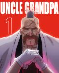  bald beanie black_kimono bleach character_name collarbone commentary cosplay cross_scar crossover east-west_crossover english_commentary facial_hair gloves haori hat highres holding holding_staff japanese_clothes kimono kubo_tite_(style) male_focus maytrixxdx mustache propeller_hat red_background saturated_background scar scar_on_head shihakusho staff taichou_haori thick_mustache uncle_grandpa uncle_grandpa_(character) white_gloves white_haori yamamoto-genryuusai_shigekuni yamamoto-genryuusai_shigekuni_(cosplay) 