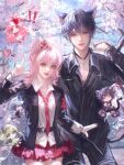  1boy 1girl absurdres animal_ears ay_yiyi black_jacket black_shirt cat_ears cherry_blossoms chibi chinese_commentary commentary_request commission couple cross cross_necklace grey_hair highres jacket jewelry looking_at_viewer necklace necktie original pink_hair plaid_clothes plaid_skirt red_necktie shirt short_hair skirt v yellow_eyes 