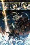  akagishi_k androgynous armor battle comic helmet highres horns lightning multiple_boys pixiv_fantasia pixiv_fantasia_5 polearm riding sparks spear sword water weapon 