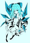 ahoge alternate_hairstyle ascot blue blue_eyes blue_hair bow cirno dress eyelashes hair_bow high_contrast highres ice ice_wings long_hair millipen_(medium) mixed_media monochrome nib_pen_(medium) perspective short_hair simple_background smile solo teenage touhou traditional_media wings wrist_cuffs yutapon 