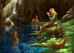  animal blonde_hair boots bosque deer elf flute horns link musical_instrument nature pointy_ears river scenery the_legend_of_zelda tree water waterfall 