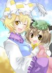  animal_ears bow brown_eyes cat_ears chen fang hat midorikoichi multiple_girls one_eye_closed open_mouth tail touhou yakumo_ran yellow_eyes 