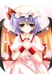  bat_wings blouse bow brown_eyes hat natsumikan purple_hair remilia_scarlet short_hair solo touhou wings 