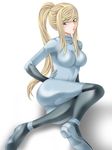  bad_id bad_pixiv_id blonde_hair blue_eyes bodysuit boots breasts hand_on_hip highres large_breasts long_hair metroid ponytail samus_aran simple_background skin_tight solo tamamon zero_suit 