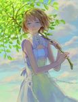  branch brown_hair cloud dress face flat_chest green_eyes hands hiko_(scape) leaf original short_hair smile solo 