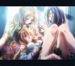  barefoot blue_eyes blush breasts brown_hair feet green_eyes highres houjou_hibiki hummy_(suite_precure) inoshishi_(ikatomo) kurokawa_eren letterboxed long_hair medium_breasts minamino_kanade multiple_girls one_eye_closed orange_hair precure purple_hair seiren_(suite_precure) suite_precure yellow_eyes 