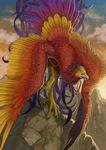  avian claws cloud colorful fantasy feather feral green_eyes hunched kemokemono phoenix rock solo standing talons 