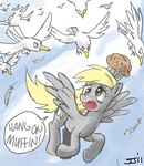  2011 birds clouds derpy_hooves_(mlp) dialogue equine flying friendship_is_magic grey hasbro human john_joseco muffin my_little_pony pegasus piercing sky wings 