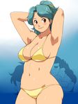  armpits arms_up bikini breasts brown_eyes character_request curvy ganto green_hair high_school!_kimengumi large_breasts long_hair navel solo swimsuit uru_chie 