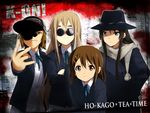  akiyama_mio baseball_cap black_eyes black_hair blonde_hair brown_eyes brown_hair hat hirasawa_yui k-on! kaiga kotobuki_tsumugi long_hair motley_crue multiple_girls parody scarf school_uniform short_hair sunglasses tainaka_ritsu 