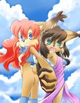  black_hair boots chipmunk cloud clouds couple duo feline female hair hand_holding inano2009 lynx mammal nicole_the_lynx red_hair rodent sally_acorn sega sonic_(series) squirrel tail toga vest 