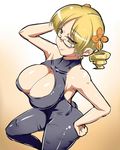  bare_shoulders bayonetta bayonetta_(character) bayonetta_(character)_(cosplay) bespectacled blonde_hair breasts brown_eyes brown_hair cleavage cleavage_cutout cosplay drill_hair futaba_suetsuki glasses huge_breasts mahou_shoujo_madoka_magica naughty_face short_hair skin_tight smile solo tight tomoe_mami twintails unitard 