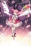  bobby_socks bow_(weapon) choker closed_eyes flower hair_ribbon hands_on_own_chest kaname_madoka magical_girl mahou_shoujo_madoka_magica open_mouth petals petticoat pink_hair rella ribbon short_twintails socks solo twintails weapon white_legwear wings 
