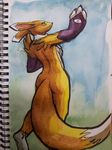  back_turned breasts butt canine digimon digitigrade female fox gloves grass looking_back mammal mane nude pornbrigade raised_arm realistic_ears renamon sketchbook sky solo traditional_media unknown_artist watercolor_(art) watercolour yin_yang 