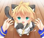  animal_ears bell blonde_hair cat_ears cat_tail chibi fang green_eyes hachimitsu_(127032) hand_to_own_mouth hands heart kagamine_len kaito kemonomimi_mode male_focus musical_note open_mouth pov shirt shorts sleeves_past_wrists smile tail vocaloid 