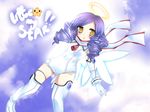  angel blush cosplay dlanor_a_knox drill_hair eiserne_jungfrau elbow_gloves gloves halo jewelry jinno_nagi jinno_nagi_(cosplay) makai_tenshi_djibril open_mouth purple_hair sky solo thigh_strap thighhighs umineko_no_naku_koro_ni werq1996 wings yellow_eyes 