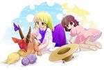  all_fours animal_ears barefoot black_hair blonde_hair bow bunny_ears bunny_tail cheek_pinching child female_pervert gourd hair_bow hat hat_removed headwear_removed horn_ribbon horns ibuki_suika inaba_tewi looking_back morioka_itari moriya_suwako multiple_girls open_mouth orange_hair pervert pinching red_eyes ribbon sitting skirt skirt_lift tail tears touhou wrist_cuffs 