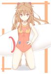  adapted_costume bad_id bad_pixiv_id highres kneeling long_hair looking_at_viewer neon_genesis_evangelion one-piece_swimsuit orange_hair red_eyes solo souryuu_asuka_langley surfboard swimsuit tsunotsuki_(uguisu_maccha) 