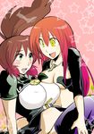 2girls blush breasts brown_hair cleavage green_eyes large_breasts long_hair mithra_(psyren) multiple_girls open_mouth psyren red_hair smile tenjuin_marie yellow_eyes 