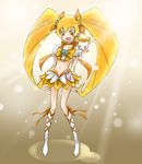  :d blonde_hair boots bow brooch choker creature cure_sunshine dress hair_ribbon happy heart heartcatch_precure! jewelry long_hair magical_girl maryu midriff myoudouin_itsuki navel open_mouth potpourri_(heartcatch_precure!) precure ribbon smile solo twintails yellow_eyes 