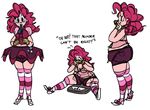  anonymous_artist balloon blue_eyes clothing cutie_mark_clothing female friendship_is_magic gloves human my_little_pony overweight party_favor pink_hair pinkie_pie scale shoes shorts skirt stockings sweat 
