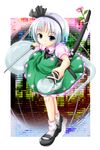  ascot blue_eyes flower ghost hair_ribbon hairband hitodama katana konpaku_youmu konpaku_youmu_(ghost) mary_janes ribbon scabbard sheath sheathed shoes silver_hair skirt socks solo sword t.o.d touhou vest weapon white_legwear 