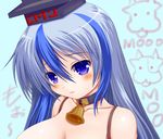  asamura_hiori bad_id bad_pixiv_id bell bell_collar blue_eyes blue_hair blush breasts cleavage collar collarbone cow hat kamishirasawa_keine long_hair medium_breasts out-of-frame_censoring solo touhou upper_body 