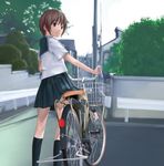  bad_id bad_pixiv_id bangs basket bicycle bicycle_basket black_legwear black_skirt blouse blue_sailor_collar brown_eyes brown_hair building bush day from_behind ground_vehicle guard_rail hitori_(htr_t) house looking_at_viewer looking_back original outdoors pleated_skirt retaining_wall road rooftop sailor_collar school_uniform serafuku short_hair short_sleeves skirt sky solo standing telephone_pole tree white_blouse 