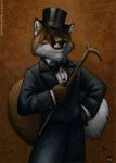  abstract_background anthro bow_tie cane canine clothing dapper fluffy_tail fox fur gentleman hat kyoht_luterman looking_at_viewer male mammal orange_fur pose solo standing suit top_hat yellow_eyes 