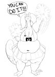 anthro belly big_belly big_breasts black_and_white breasts cheerleader cleavage clothed clothing conditional_dnp deep_navel female front_view goodra hi_res huge_breasts ker0ker0_(artist) looking_at_viewer midriff monochrome navel nintendo obese overweight overweight_female pok&eacute;mon pok&eacute;mon_(species) pompoms signature skirt slime solo thick_thighs video_games wide_hips 