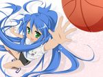  alternate_hairstyle basketball blue_hair buruma foreshortening green_eyes gym_uniform izumi_konata komo_egg long_hair lucky_star mole mole_under_eye perspective ponytail reaching shoes solo uwabaki 