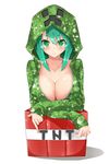  aqua_hair block blush breasts cleavage collarbone creeparka creeper dynamite green_eyes highres hood hoodie large_breasts minecraft personification shirousagi_uyu simple_background smile solo symbol-shaped_pupils tnt unzipped upper_body 