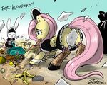  angel_(mlp) broom convenient_censorship equine female feral fluttershy_(mlp) friendship_is_magic hair horse john_joseco lagomorph legwear maid maid_outfit maid_uniform mammal my_little_pony pegasus pink_hair pony rabbit solo stockings trash uniform upskirt wings 