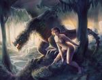  breasts dragon fantasy female feral grass hair human looking_at_viewer mammal nature nude purplekecleon scenery short_hair size_difference stream tree water wings wood 