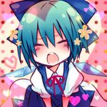  bad_id bad_pixiv_id blue_hair blush cirno closed_eyes hair_ribbon heart lowres ribbon sanada_nako solo touhou wings 