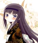  akemi_homura black_hair blue_eyes blush hairband highres japanese_clothes kimono long_hair looking_at_viewer mahou_shoujo_madoka_magica obi sash solo yume_shokunin 