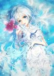  ano_hi_mita_hana_no_namae_wo_bokutachi_wa_mada_shiranai. blue_eyes dress flower honma_meiko long_hair lying solo white_hair yuki_hikari 