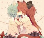  animal_ears bad_id bad_pixiv_id blue_hair blush bow cat_ears cat_tail closed_eyes hair_bow hair_ornament hairpin heart heart_of_string kemonomimi_mode kiss long_hair mahou_shoujo_madoka_magica miki_sayaka multiple_girls nochita_shin ponytail red_hair red_string ribbon sakura_kyouko school_uniform short_hair star string tail tail_ribbon yuri 