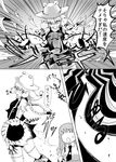  attack bad_id bad_pixiv_id chakram comic cyborg gomibuta_kuzutarou greyscale impressed kochiya_sanae monochrome moriya's_iron_rings moriya_suwako multiple_girls pyonta touhou translated weapon 