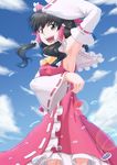  absurdres arm_up armpits ascot black_hair blue_sky breasts brown_eyes cloud day detached_sleeves hair_ribbon hair_tubes hakurei_reimu highres lens_flare medium_breasts midriff nazal open_mouth ribbon shirt sideboob skirt skirt_hold skirt_set sky smile solo touhou water 