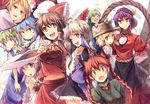  armpits ascot bad_id bad_pixiv_id bare_shoulders blonde_hair blue_eyes blue_hair bow braid brown_eyes brown_hair cirno cup daiyousei detached_sleeves dress eho_(icbm) fang gap green_hair grey_hair hair_bow hakurei_reimu hat kaenbyou_rin kochiya_sanae long_hair moriya_suwako multicolored_hair multiple_girls mystia_lorelei one_eye_closed pink_eyes pink_hair purple_hair red_eyes red_hair rope shimenawa short_hair tokiko_(touhou) touhou twin_braids wings yakumo_yukari yasaka_kanako yellow_eyes 