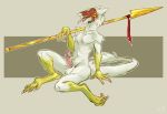  2018 4_fingers 4_toes anthro balls digital_media_(artwork) erection hi_res male mask melee_weapon nude penis polearm seraphim_(starfae) sergal simple_background solo spear teeth toes tongue twistedteeth weapon 