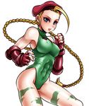  abs bad_id bad_pixiv_id beret blonde_hair blue_eyes breasts cammy_white covered_nipples fingerless_gloves gloves green_leotard hat large_breasts leotard lips long_hair scar solo street_fighter street_fighter_iv_(series) sugiya_manao very_long_hair 