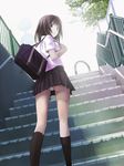  bag black_hair black_legwear brown_eyes from_behind highres hitori_(htr_t) kneehighs looking_back original panties pantyshot pleated_skirt school_bag school_uniform skirt solo stairs sunlight underwear white_panties 