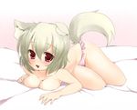  animal_ears bad_anatomy blush breast_press breasts cleavage fang guratan_(guratan18) inubashiri_momiji lying medium_breasts on_stomach open_mouth panties pink_panties red_eyes short_hair silver_hair solo tail topless touhou underwear underwear_only wolf_ears wolf_tail 